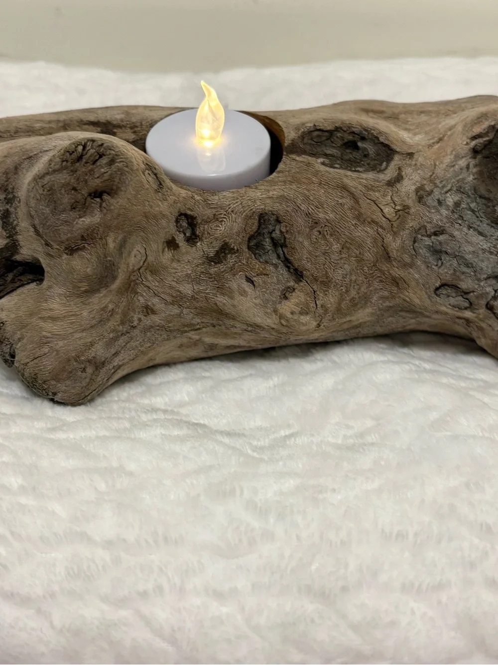 Handmade Rustic Driftwood Tealight Candle Holder - Natural Brown
